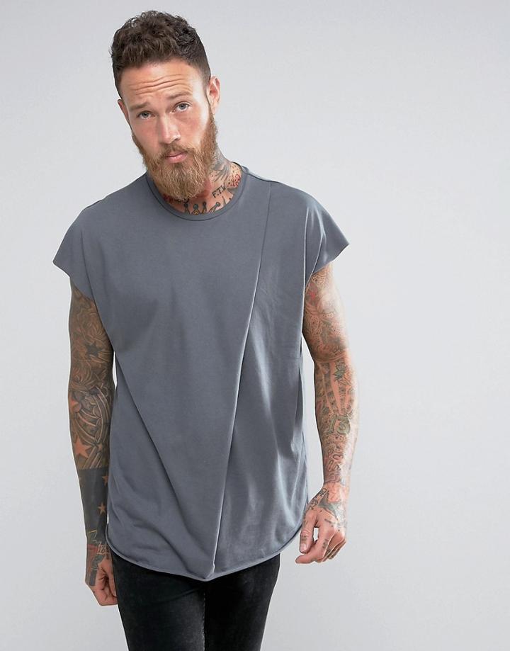 Asos Oversized Sleeveless T-shirt In Gray With Drape Pleat Shoulder And Raw Edge - Gray