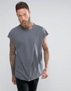 Asos Oversized Sleeveless T-shirt In Gray With Drape Pleat Shoulder And Raw Edge - Gray