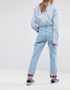 Asos X Lot Stock & Barrel Carrot Boyfriend Jeans With Embroidered Turn Up Hem - Blue