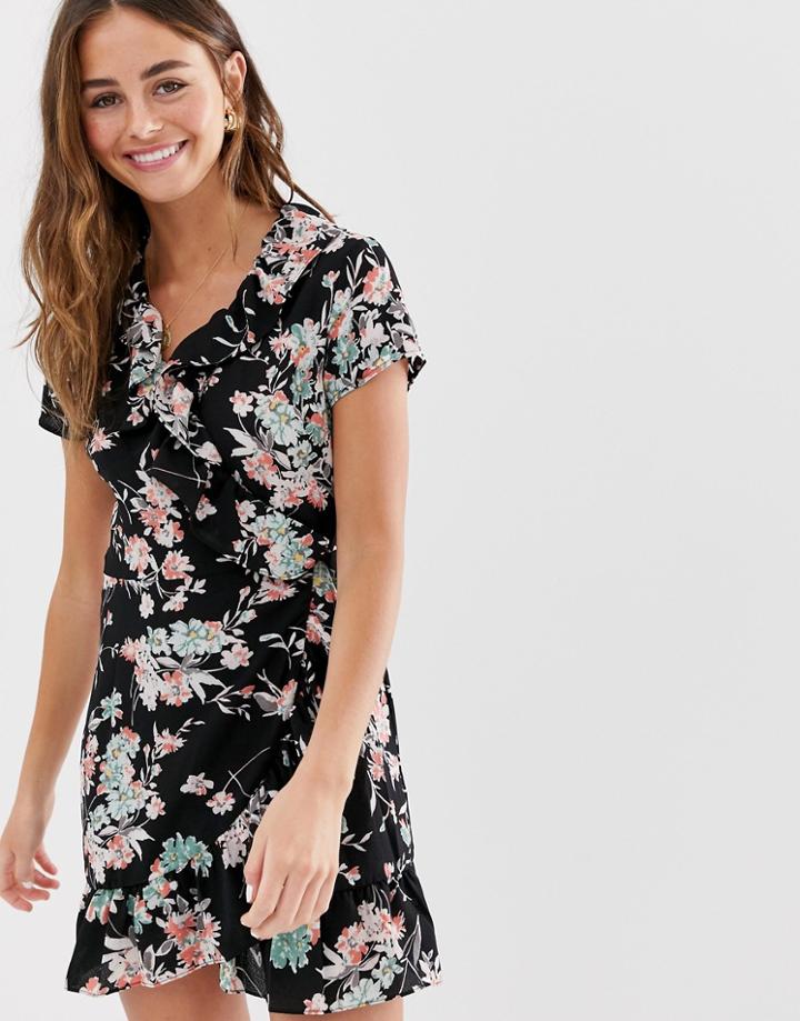 Brave Soul Frill Wrap Mini Dress In Black Floral