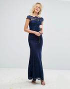 Chi Chi London Premium Lace Maxi Dress With Fishtail - Navy