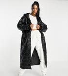 Asos Design Tall Faux Leather Quilted Hooded Puffer Coat In Black