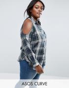 Asos Curve Check Shirt With Cold Shoulder In Green Check - Multi