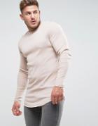 Asos Super Longline Muscle Long Sleeve Rib T-shirt With Curved Hem In Pink - Pink