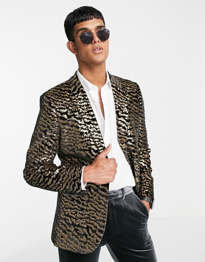 Asos Design Super Skinny Animal Sequin Wrap Jacket In Gold