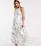 Asos Design Maternity Premium High Neck Ruffle Maxi Dress In Spot-multi