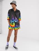 Jaded London Festival Two-piece Shirt In Black With Rainbow Flames