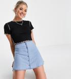 Asos Design Tall Soft Denim Button Up Skirt In Midwash-blues