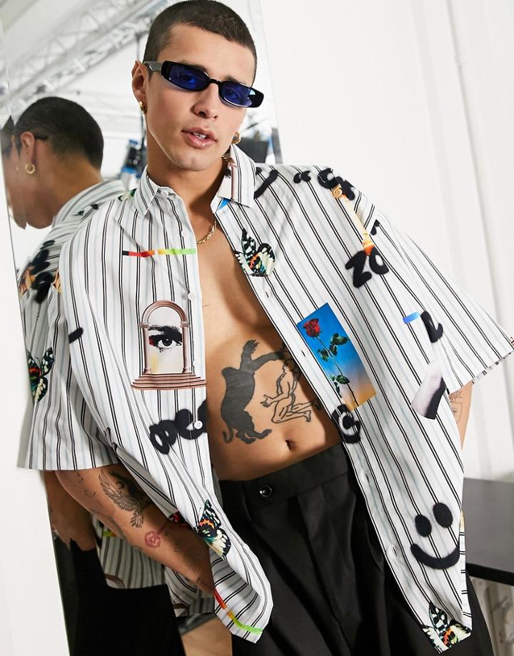 Asos Design Boxy Oversized Shirt With Stripe And Conversational Print In White