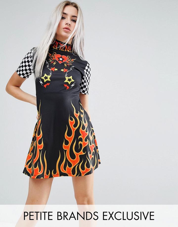 Jaded London Petite Skater Dress In Check Logo Print - Multi