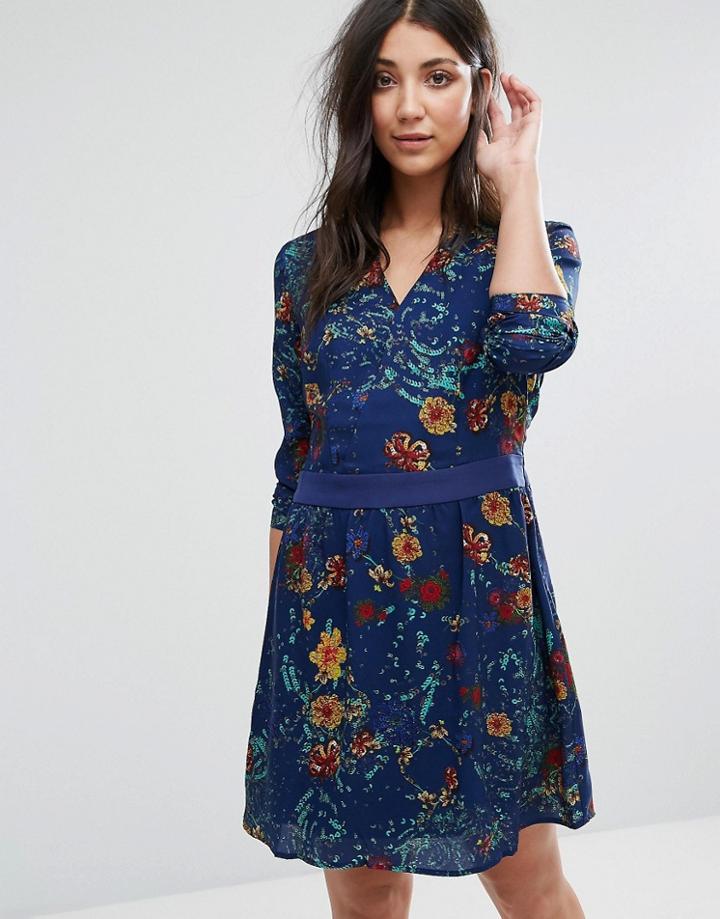 Lavand Long Sleeve Printed Skater Dress - Blue