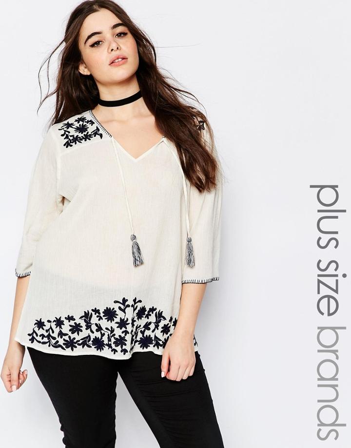 Alice & You Embroidered Peasant Blouse With Tassels - Cream