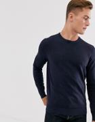 Selected Homme Cotton Crew Neck Knitted Sweater In Navy