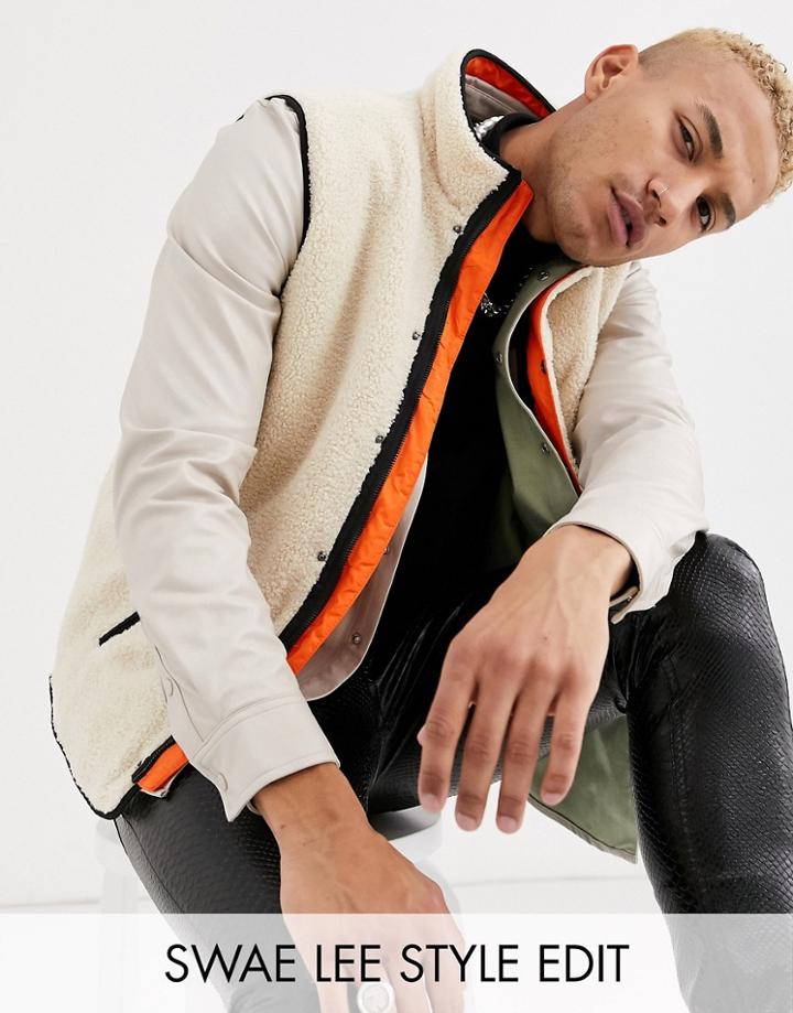 Asos Design Borg Vest With Contrast Lining-beige
