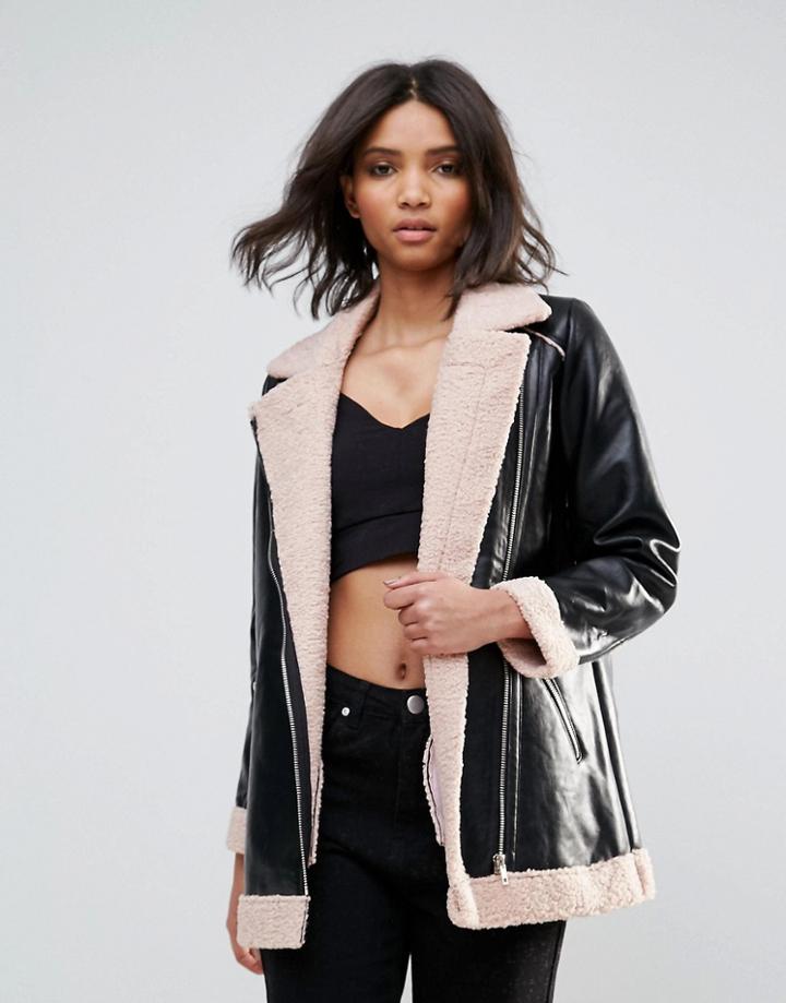 Goldie Phoenix Pu Aviator Style Jacket With Faux Fur Lining And Zipper Detail - Black