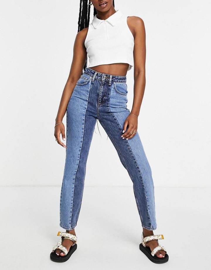 Miss Selfridge Mom Patch High Waist Tapered Jeans In Mixed Blue-blues