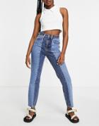 Miss Selfridge Mom Patch High Waist Tapered Jeans In Mixed Blue-blues
