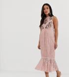 Hope & Ivy Maternity Embroidered Lace Ruffle Pencil Dress With Ruffle Hem In Pink