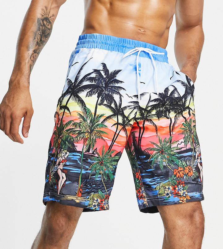 Reclaimed Vintage Inspired Swim Board Shorts In Retro Scene Print-multi