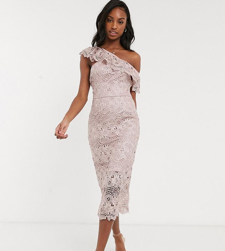 Chi Chi London Tall Lace Pencil Dress With Asymmetric Ruffle In Mink-pink