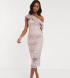 Chi Chi London Tall Lace Pencil Dress With Asymmetric Ruffle In Mink-pink