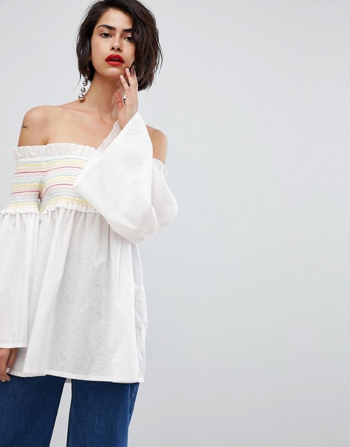 Vero Moda Rainbow Smock Top With Flared Sleeves - White
