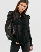 Y.a.s Pussy Bow Polka Dot Sheer Blouse With Puff Sleeve - Multi