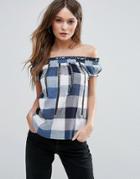 Qed London Off Shoulder Check Top - Navy