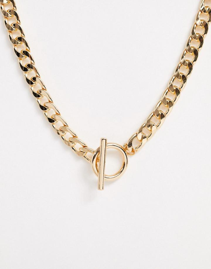 Asos Design Necklace With T Bar And Curb Chain In Gold Tone