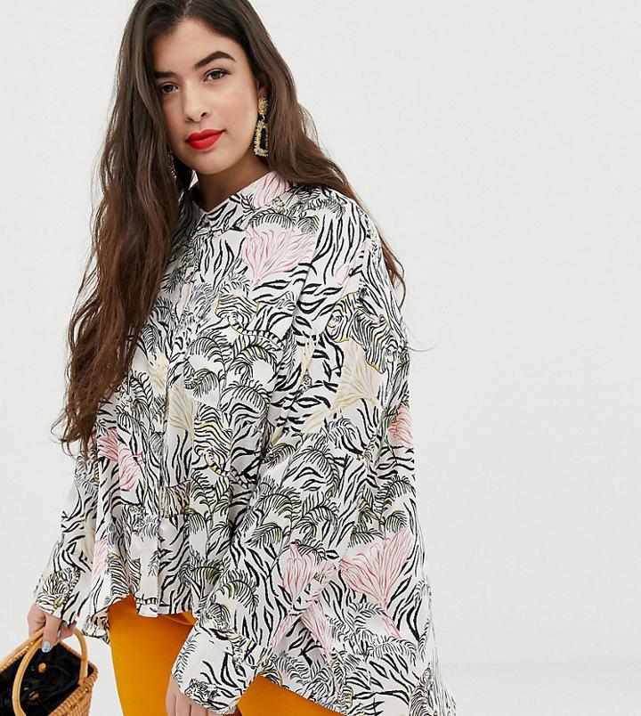 Neon Rose Plus Swing Blouse In Jungle Print Satin Two-piece - Cream