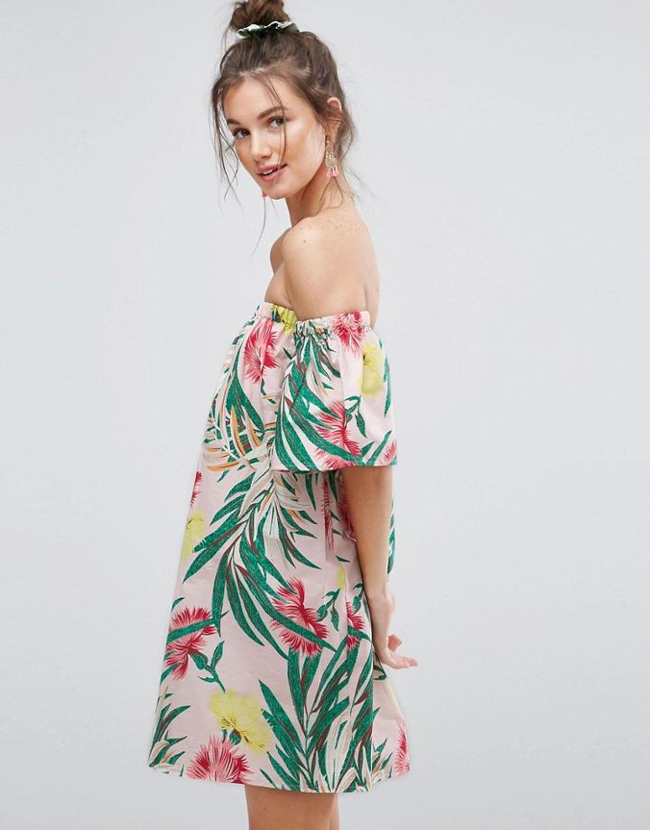 Asos Cotton Off Shoulder Sundress In Tropical Print - Multi