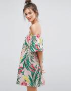 Asos Cotton Off Shoulder Sundress In Tropical Print - Multi