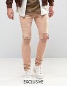Mennace Skinny Jeans With Paint Splat In Tan - Gray