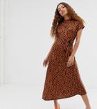 Asos Design Petite Cowl Neck Tie Waist Midi Dress In Tortoiseshell Print - Multi