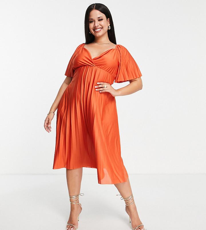 Asos Design Curve Pleated Twist Back Cap Sleeve Midi Dress In Rust-orange