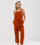Monki Denim Tie Front Square Neck Jumpsuit In Terracotta - Red