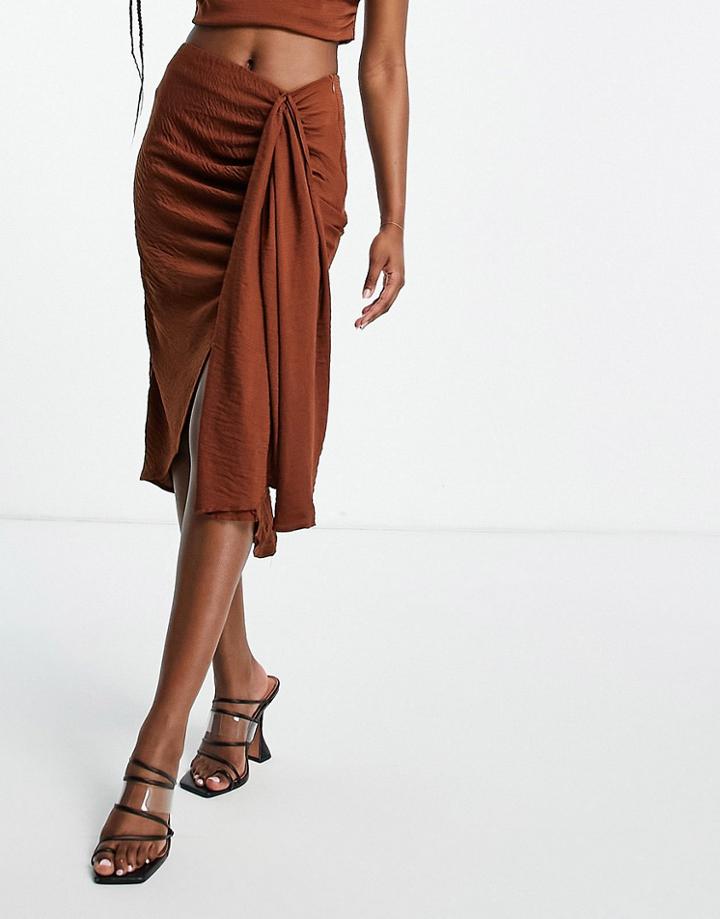 Asos Luxe Linen Knot Detail Midi Skirt In Chocolate - Part Of A Set-brown