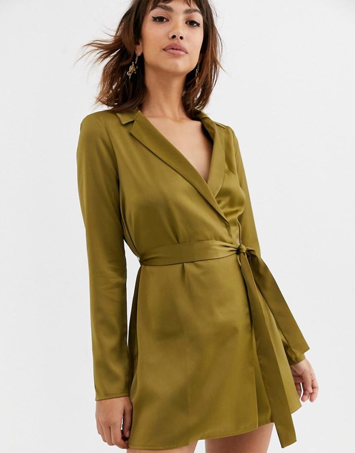 Asos Design Satin Tux Mini Dress With Self Belt-green