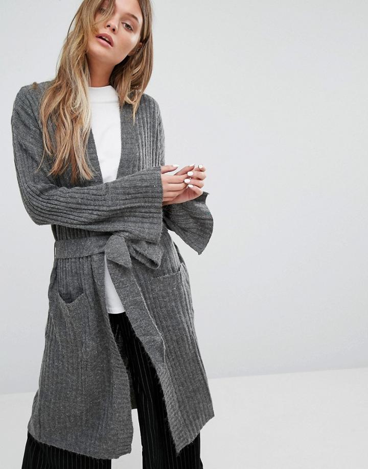 Adpt Driven Long Ribbed Knit Tie Waist Cardigan - Green