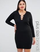 Club L Plus Long Sleeve Plunge Bodycon Dress With Hardware Detail - Black