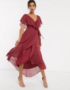 Asos Design Split Sleeve Cape Back Dipped Hem Maxi Dress With Tie Shoulder-red