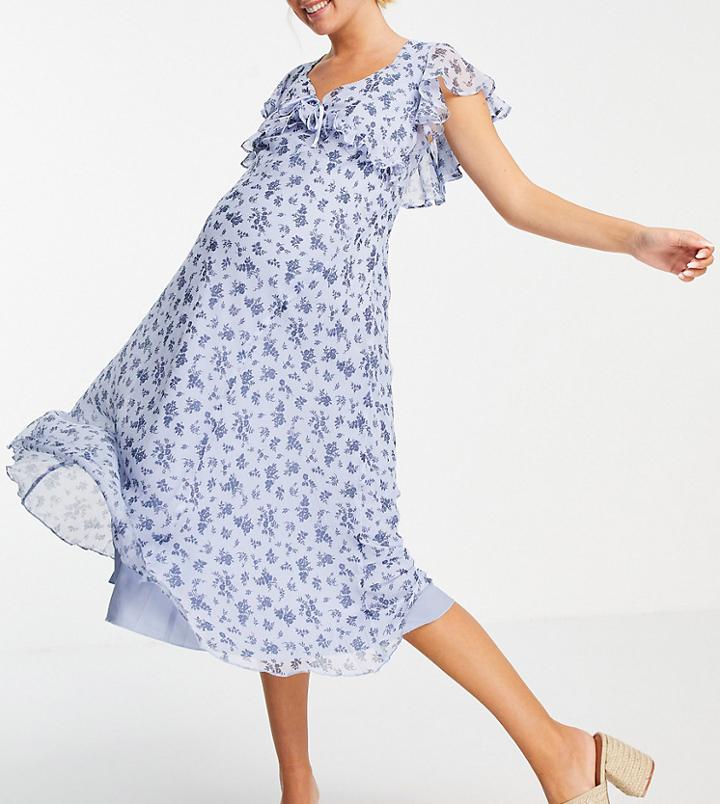 Asos Design Maternity Floral Ruffle Detail Midi Dress With Tie Detail-multi