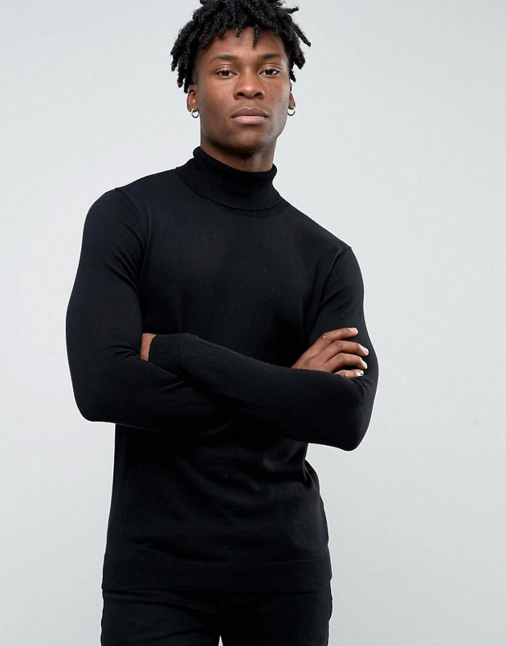 Pull & Bear Roll Neck Sweater In Black - Black