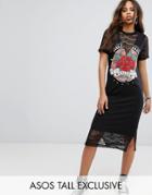 Asos Tall Lace Insert Midi T-shirt Dress With Rock Print - Multi