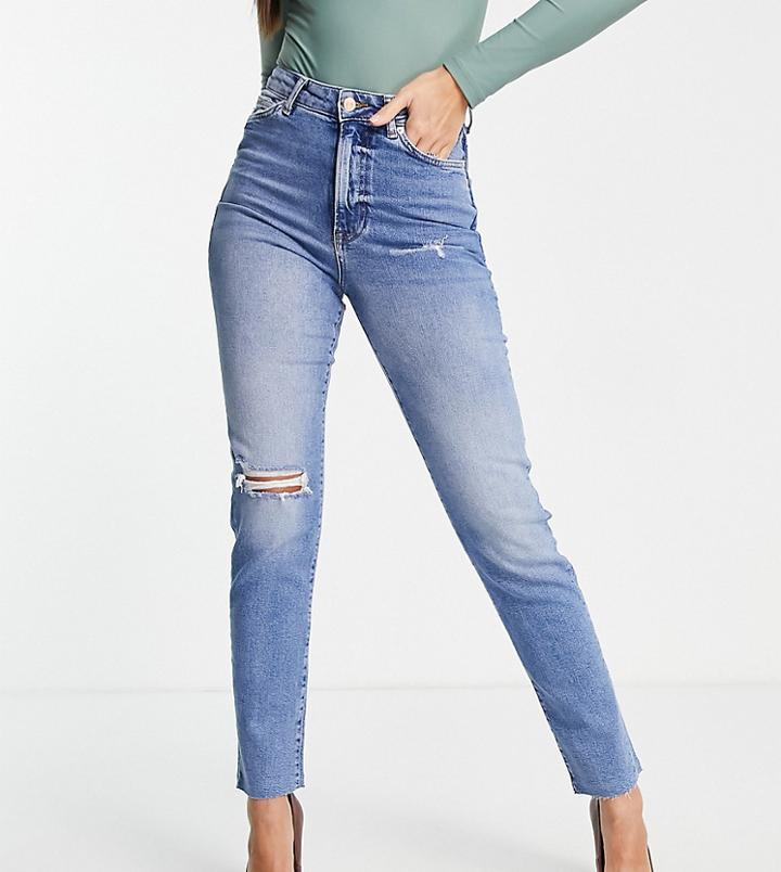 New Look Tall High Waist Rip Knee Mom Jean In Mid Blue-blues