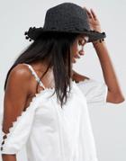 Asos Knitted Fedora Hat With Pom Pom Trim - Black