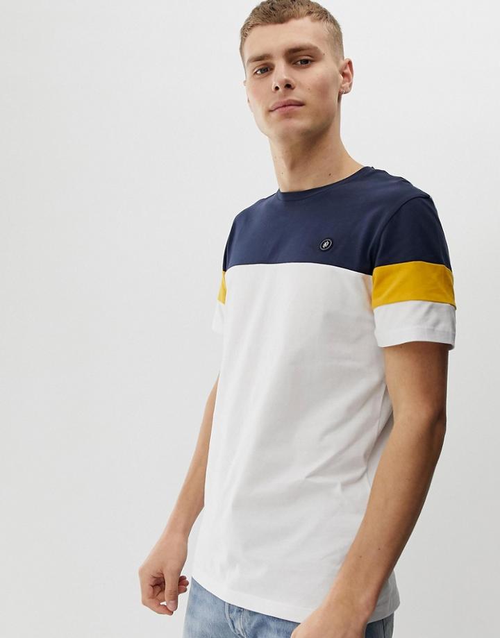 Jack & Jones Core Logo Stripe Panel Sleeve T-shirt In White - Navy