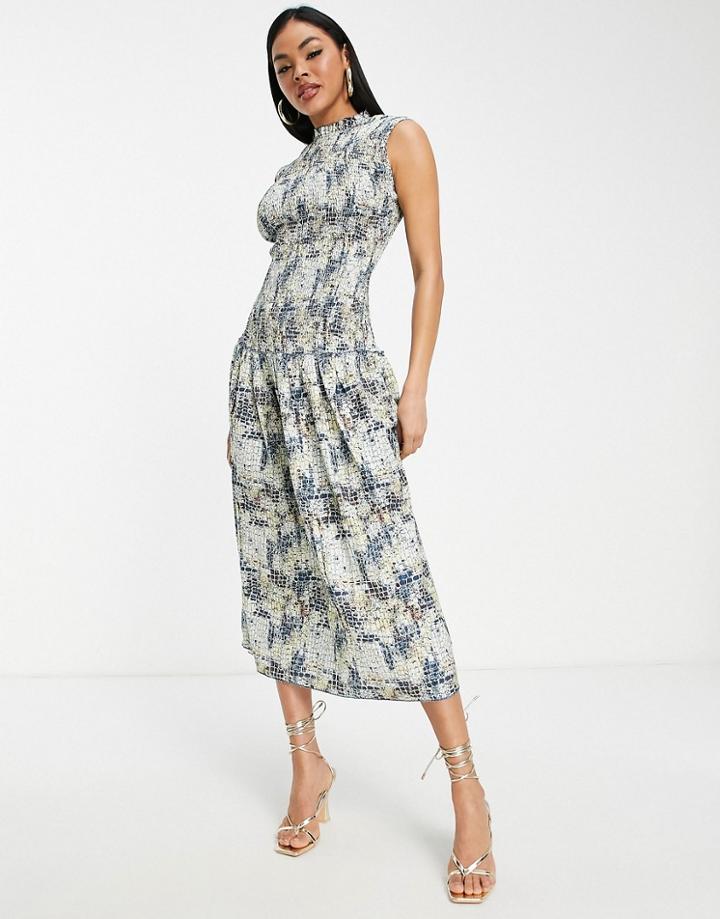Little Mistress Printed Shirred Midi Dress In Multi