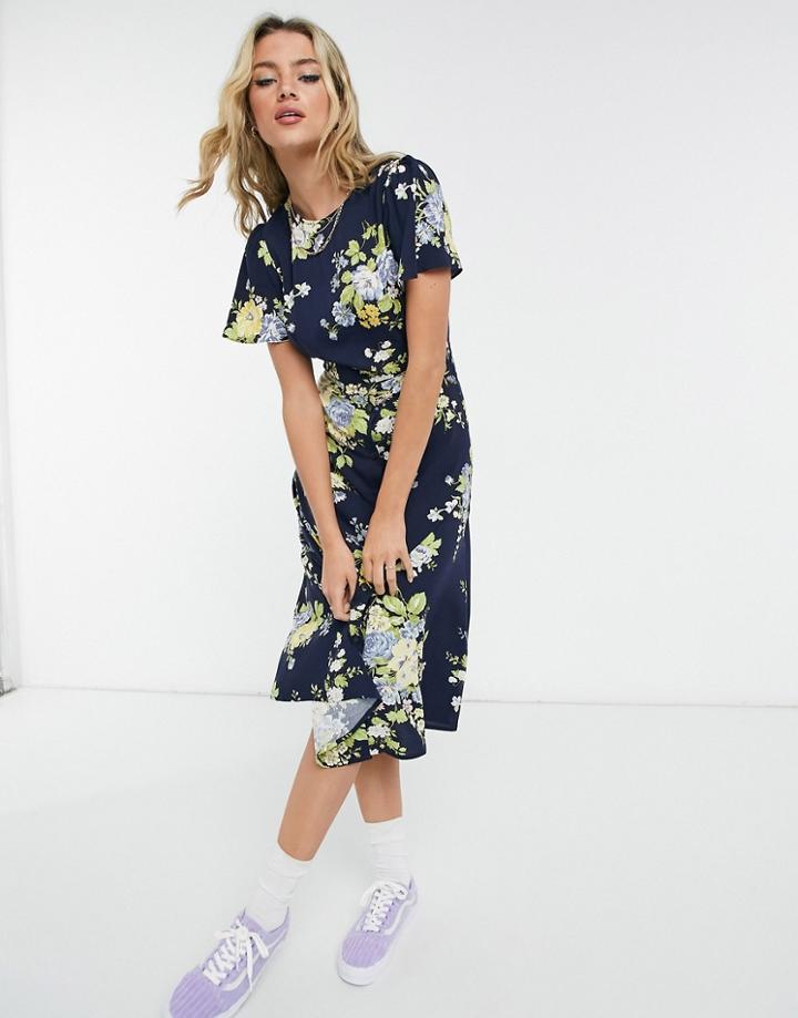Warehouse Bonnie Rose Midi Dress In Blue-blues
