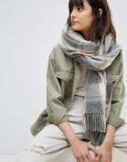 Asos Oversized Long Scarf In Natural Check With Tassels - Gray